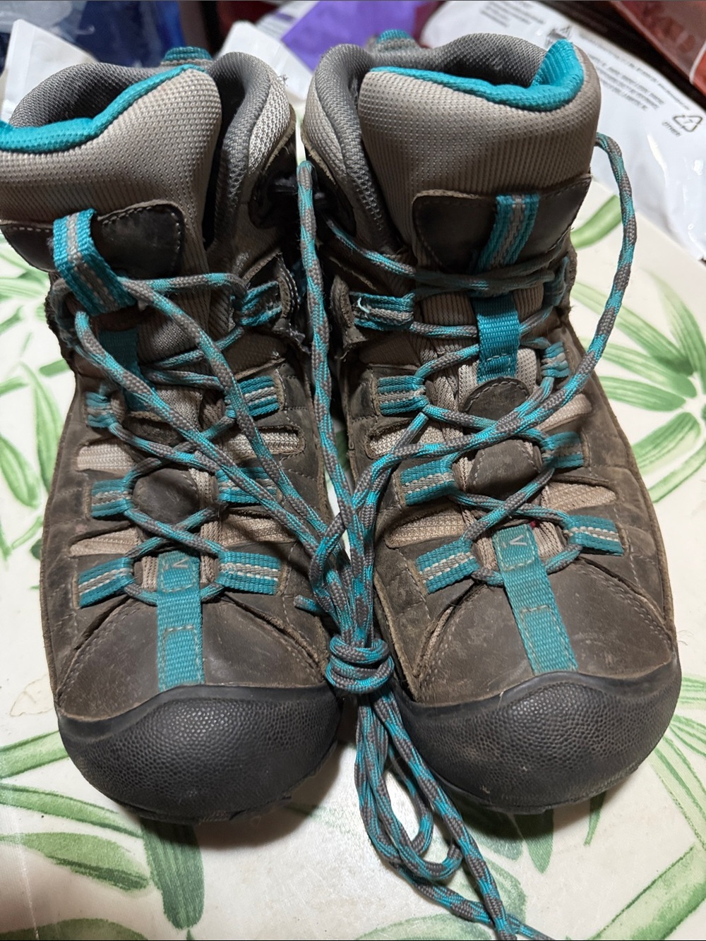 Keen Brown and Teal Women's Combat/Moto Hiking Boots 10 women’s Caribbean blue